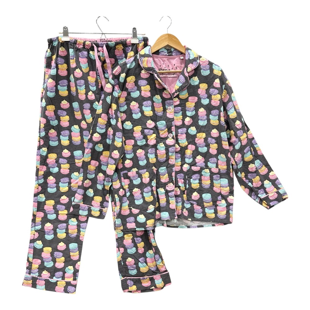 PJ Salvage Macaron Print Flannel Pajama Set Womens L 2 Piece PJs Lounge